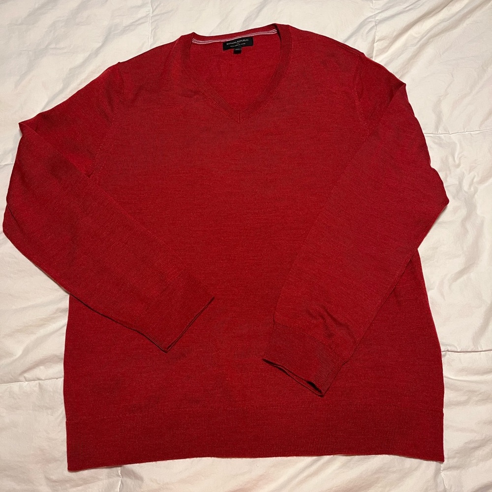Banana Republic Red V-Neck Long Sleeve Wool Men's Sweater Size XLarge